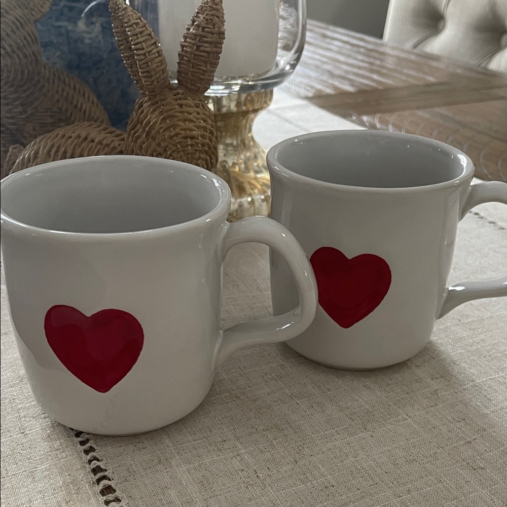 Williams Sonoma  White Ceramic Mug with Red Heart - Set of 2